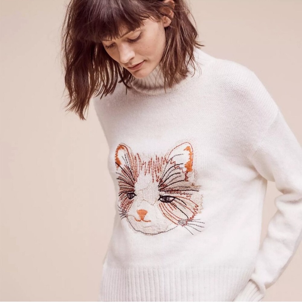 Moth Anthropologie Ivory Cat Embroidered Sweater Large